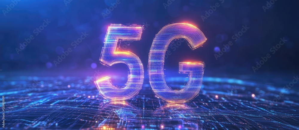 Poster emerging 5g infrastructure and data architecture reflecting in vibrant blue and purple light with em