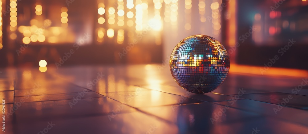 Poster sparkling disco ball on polished floor with soft warm lighting and bokeh effects in a vibrant dance 