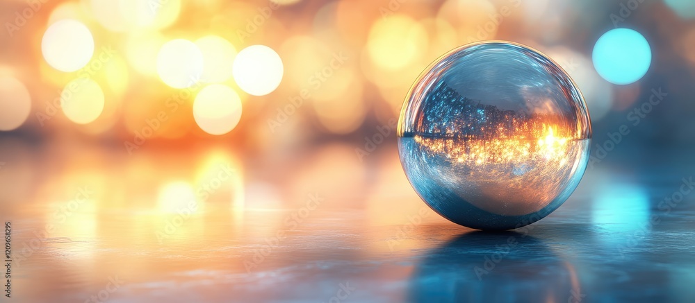 Poster glowing reflective glass sphere on a soft blurred background with warm bokeh lights and space for ov