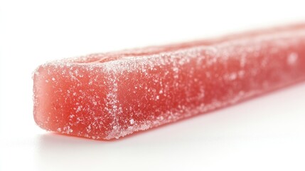 Close up of a single red chewy candy coated with sugar isolated on a white background highlighting its texture and vibrant color