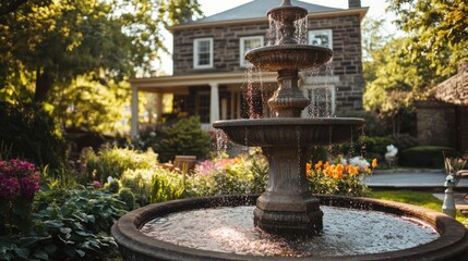 Stone fountain in lush garden with house background.