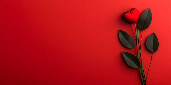 Minimalist red heart with black leaf petals blooming against vibrant red backdrop, suggesting romantic graphic design potential for Valentine themes