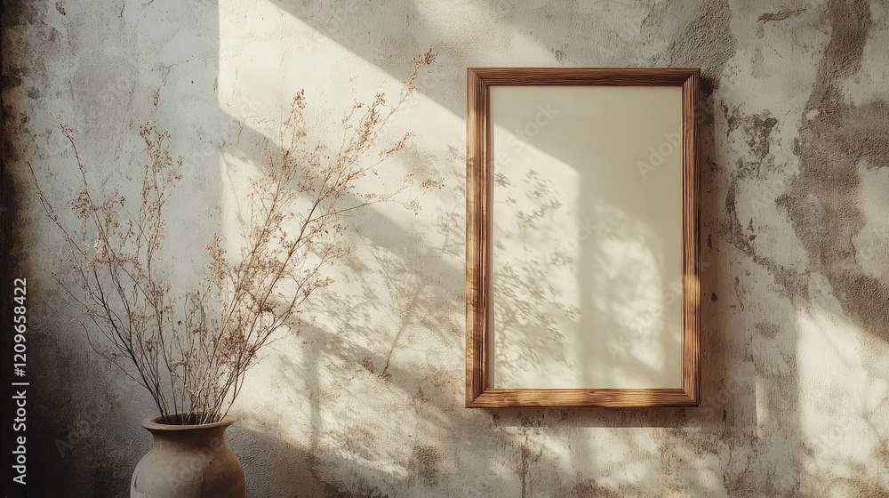 Poster wooden frame on textured wall illuminated by soft sunlight creating a calming minimalist atmosphere 