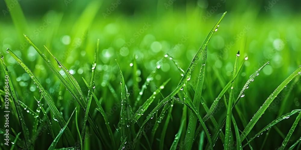 Poster lush green grass with water droplets in sharp focus at the center and a soft blurred background crea