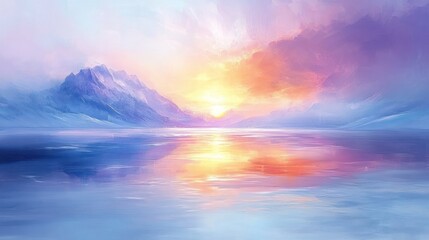 Fototapeta premium Serene sunrise over calm lake and majestic mountains, reflecting vibrant colors.