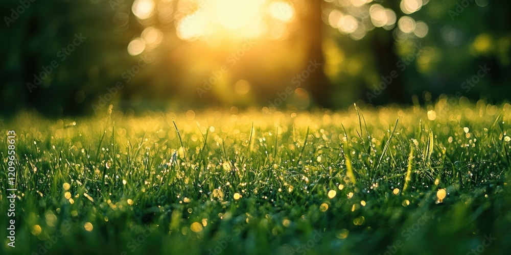 Poster sunlit dew-covered green grass with a warm golden glow in the background creating a serene natural a