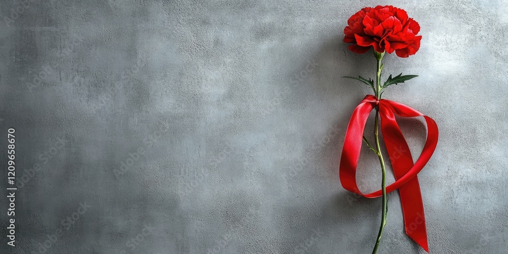 Poster red carnation with a red ribbon on a textured gray concrete background symbolizing remembrance with 
