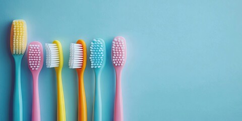 Colorful toothbrushes with bright bristles in pink yellow and blue aligned left against a soft pastel blue background with space for text.