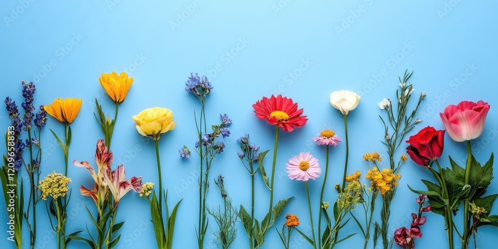 Poster colorful assorted flowers placed in a horizontal arrangement on a bright blue background with ample 