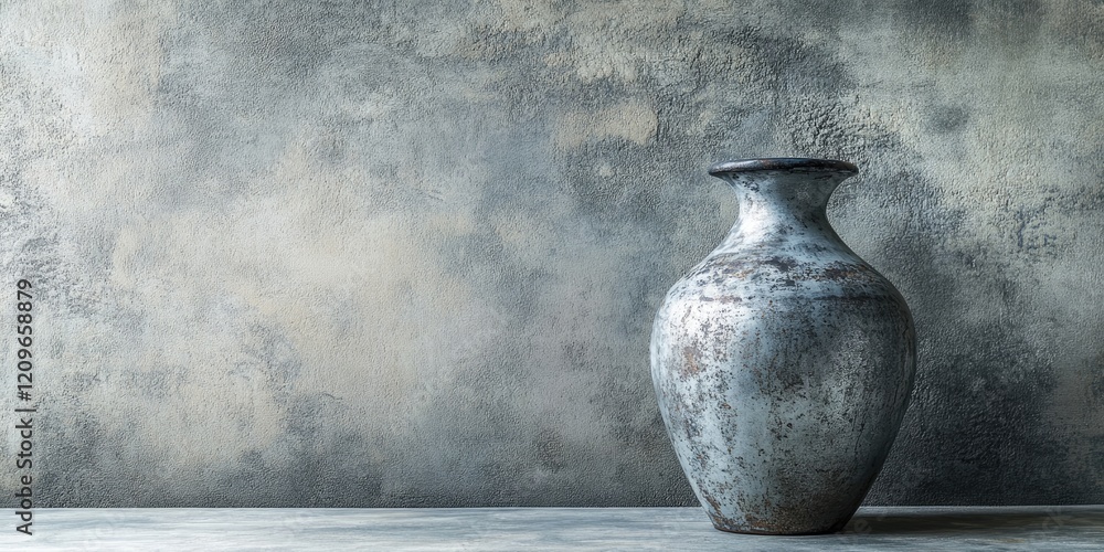 Poster vintage metal vase on a light gray concrete backdrop with ample negative space on the left side for 