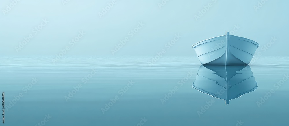 Poster calm blue serenity: reflected boat on tranquil waters with expansive negative space for text in a dr
