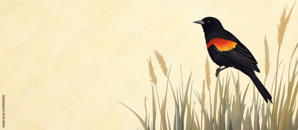 Poster red winged blackbird perched gracefully on tall cattails in vibrant wetland setting with soft earth 