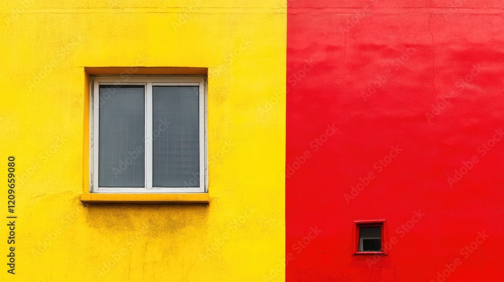 Poster vibrant red and yellow wall with windows creating a striking color contrast in urban architecture