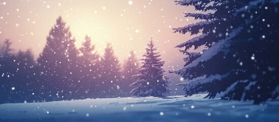Naklejka premium Tranquil winter landscape featuring softly falling snowflakes amidst snow-covered evergreen trees under a pastel sunset glow, perfect for text overlay.