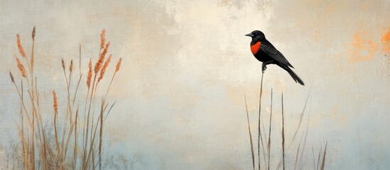 Vibrant Red-Winged Blackbird Standing Elegantly on Tall Cattails Against Soft Pastel Wetland Background with Ample Space for Text