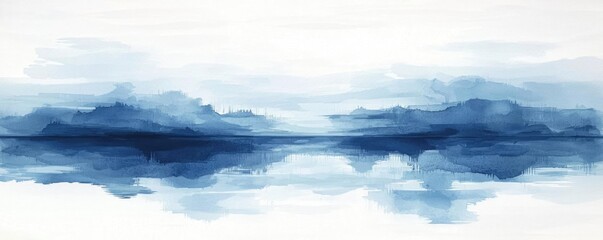 Fototapeta premium Splash watercolor concept. Serene watercolor landscape featuring tranquil blue tones and reflective water.