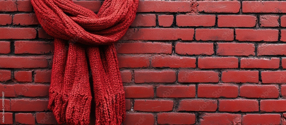 Poster cozy red wool knit scarf draped on rustic textured red brick wall with ample negative space for over