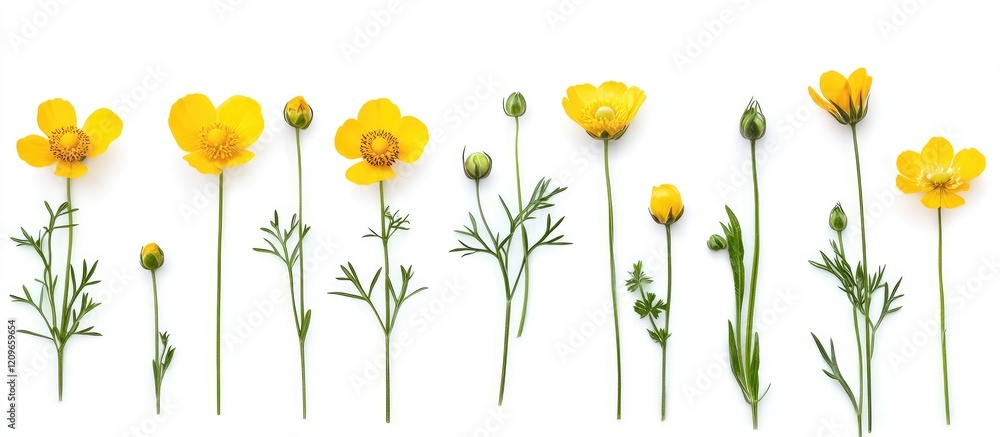 Poster varied arrangement of vibrant yellow buttercups on white background showcasing different shapes and 