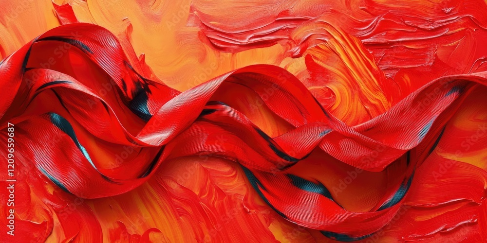 Poster flowing red ribbon against a vibrant orange and yellow abstract background with smooth brush strokes