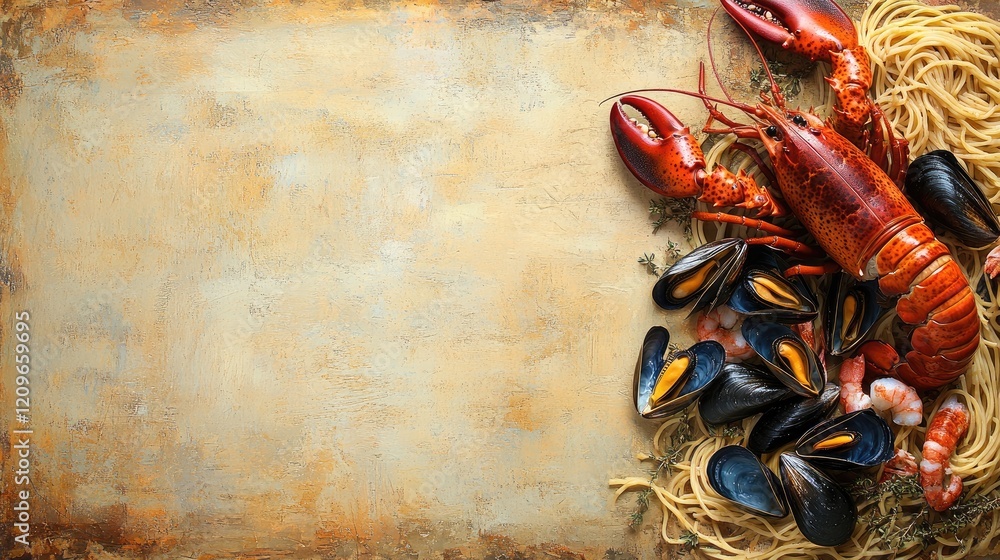 Poster seafood spaghetti with lobster prawns and mussels on rustic italian style background with empty spac