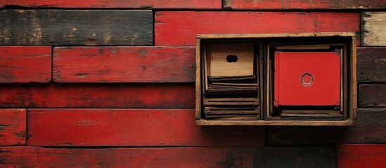 Vintage Red Wooden Boards Flat Lay with Rustic Storage Box and Wooden Cassettes for Text Space Artistic Background with Empty Area