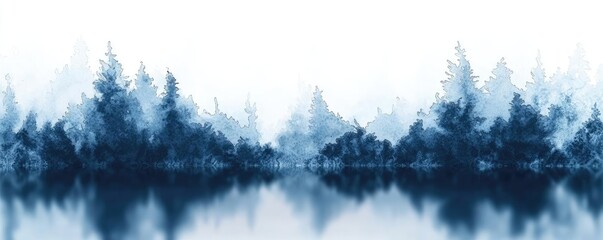 Fototapeta premium Splash watercolor concept. Serene blue forest reflection on tranquil water, creating a peaceful and calming atmosphere.