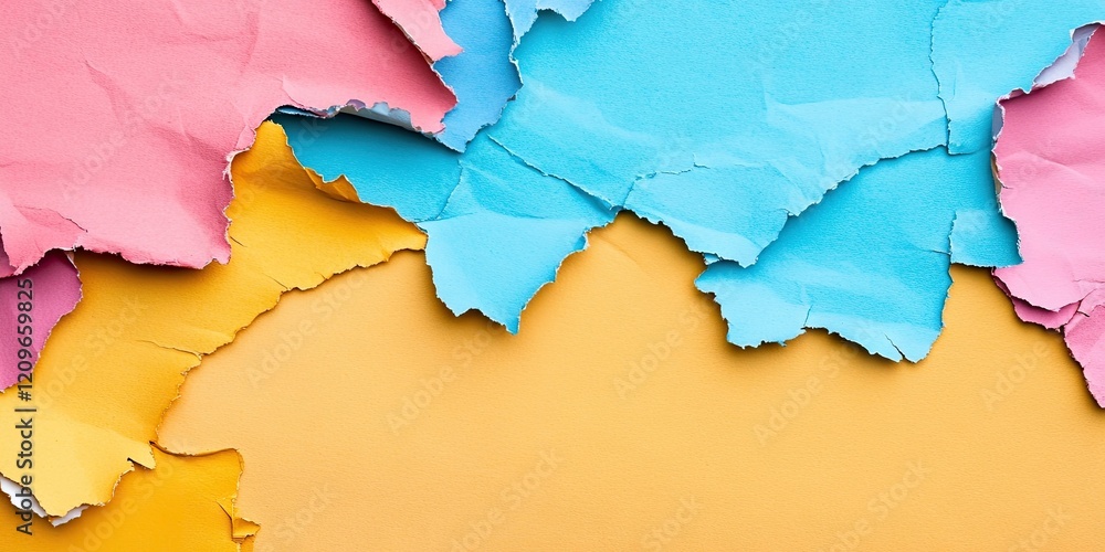 Aufkleber vibrant torn paper backdrop in pink blue and yellow colors with irregular edges creating space for t