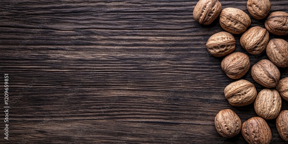Poster walnuts arranged on a dark wooden surface with ample negative space on the left for text and a rusti