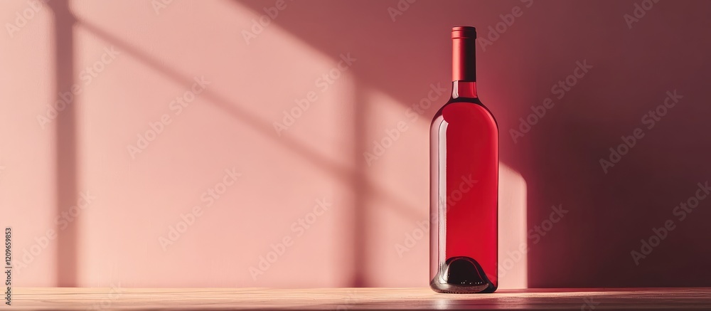 Poster elegant red wine bottle set against a soft pink background with long shadows, creating an inviting a