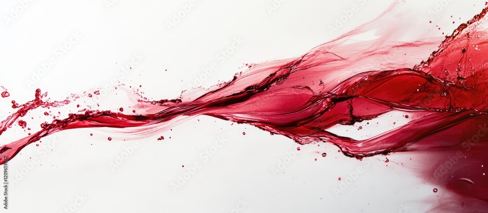 Poster dynamic splash of rich red wine flowing gracefully against a clean white background with ample empty