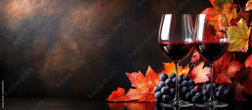 Poster elegant red wine glasses surrounded by vibrant autumn leaves and clusters of dark grapes on a textur