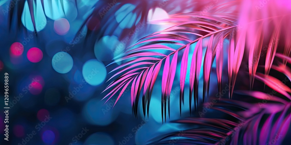 Poster vibrant palm leaves in pink and turquoise hues with a gradient of neon colors and soft bokeh effect 