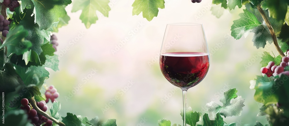 Poster elegant crystal glass filled with rich red wine surrounded by lush green grape leaves on a soft blur