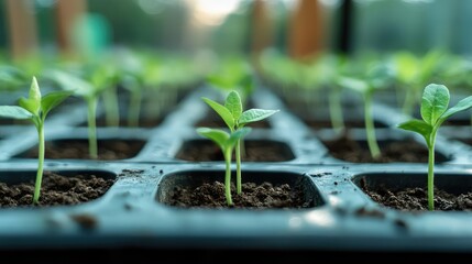 Vibrant Green Seedlings Nurtured in Deep Brown Soil on Cracked Earth Illustrating Resilience in Climate Crisis Outdoors in a Greenhouse Setting