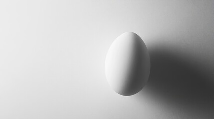 Elegant white egg standing vertically on minimalistic white background with soft shadows creating a serene and modern aesthetic.