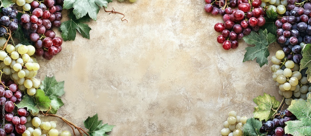 Poster vibrant assortment of red, white, and wine grapes on a textured stone background with ample empty sp