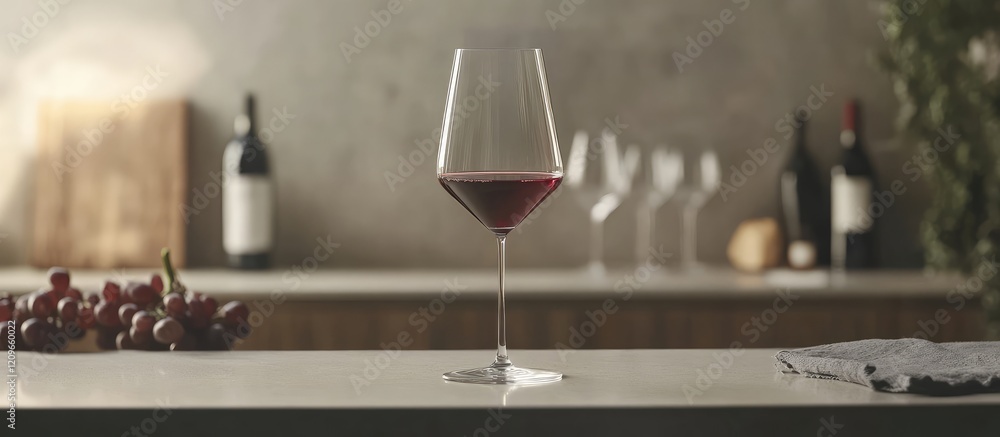 Poster elegant red wine cascading into a crystal glass on a sleek bar countertop with dark wood background 