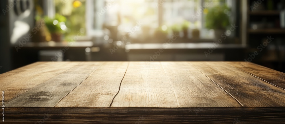 Poster rustic wooden tabletop illuminated by soft bokeh background ideal for product photography or display