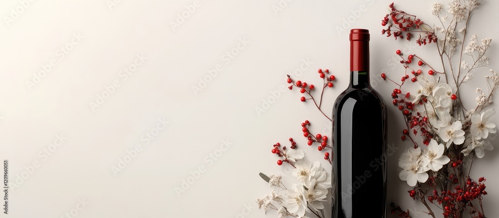 Poster elegant red wine bottle surrounded by a bouquet of white and red flowers on a soft beige background 