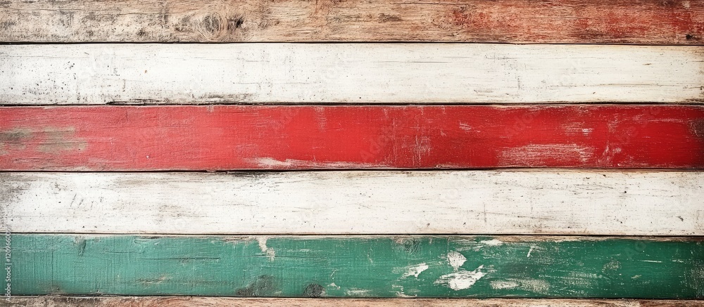 Poster grunge wooden texture background in red white and green stripes with empty central space for text in
