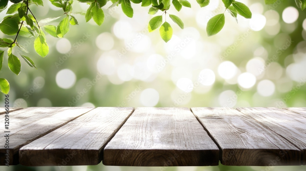 Poster wooden tabletop in focus with a soft blurred background featuring green leaves and bokeh lights crea
