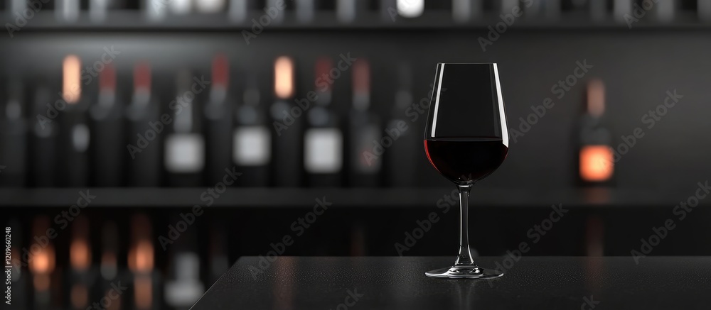 Poster elegant red wine glass on reflective black countertop with blurred bottles in the background creatin
