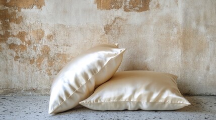 Fototapeta premium Elegant silk pillows elegantly arranged against a textured wall showcasing luxurious home decor and comfort for interior design aesthetics