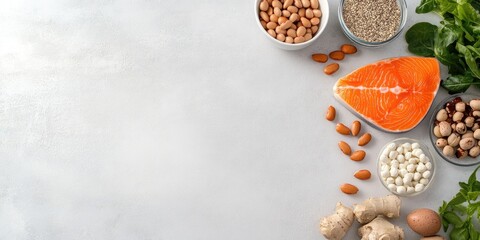 Vibrant arrangement of vitamin B rich foods including salmon, nuts, and greens on a light gray backdrop with ample copy space on the right