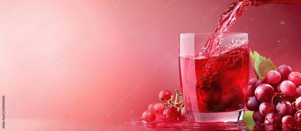 Poster elegant red wine cascading into a glass surrounded by fresh grape bunches and soft pink background f