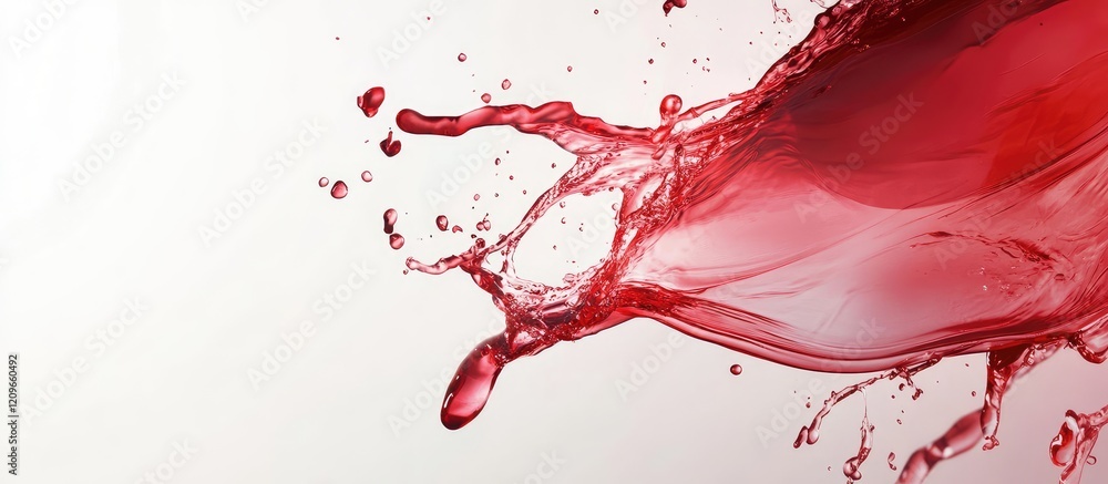 Poster dynamic red wine splash captured in motion against a pristine white background with ample empty spac