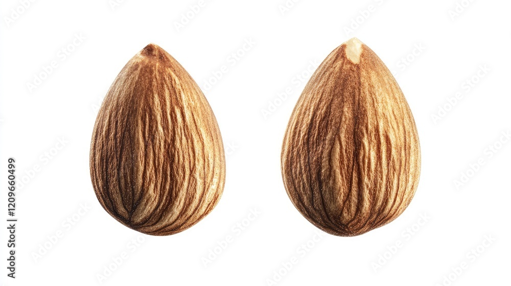 Poster almond nut isolated on white background showcasing two perspectives emphasizing its texture and shap