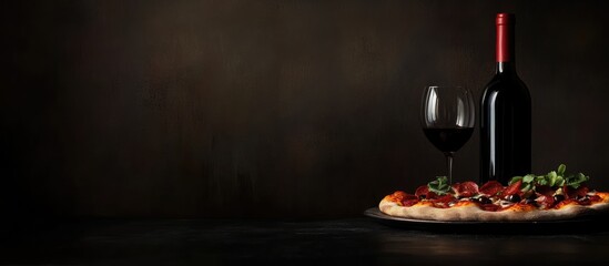 Elegant red wine bottle alongside gourmet pizza on a dark textured table with ample empty space for text or branding, rich colors and inviting atmosphere.