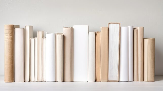 Collection of neatly arranged beige and white books in ascending order on a minimalist light gray background showcasing simple elegance and organization.