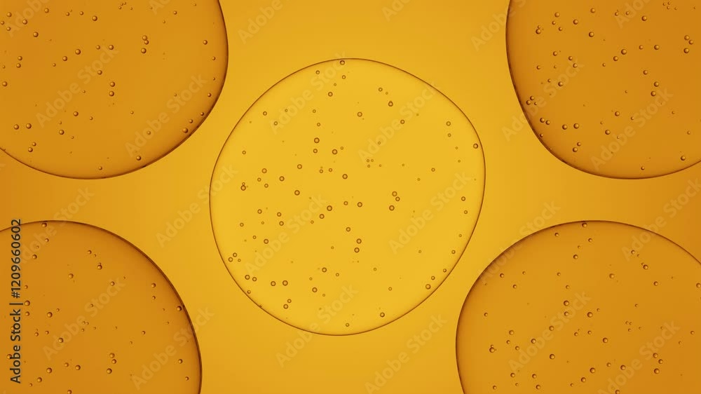 Poster seamless 3d animation of transparent flat liquid spots with air bubbles floating on an orange backgr